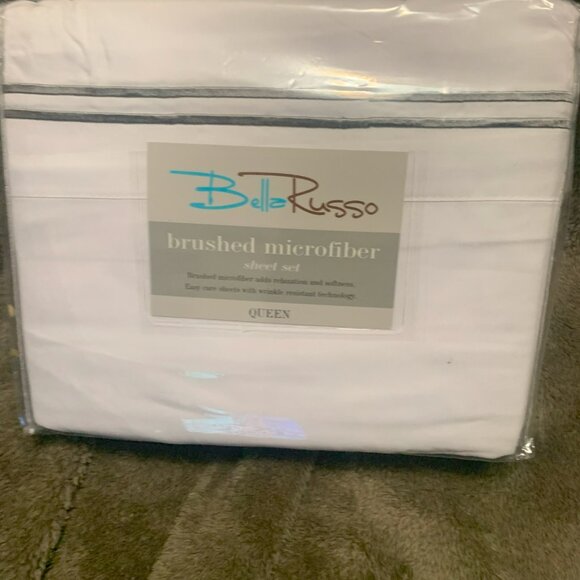 Queen Sheet Set Brand New 4-Piece Bella Russo Brushed Microfiber White Gray Trim - Picture 3 of 4